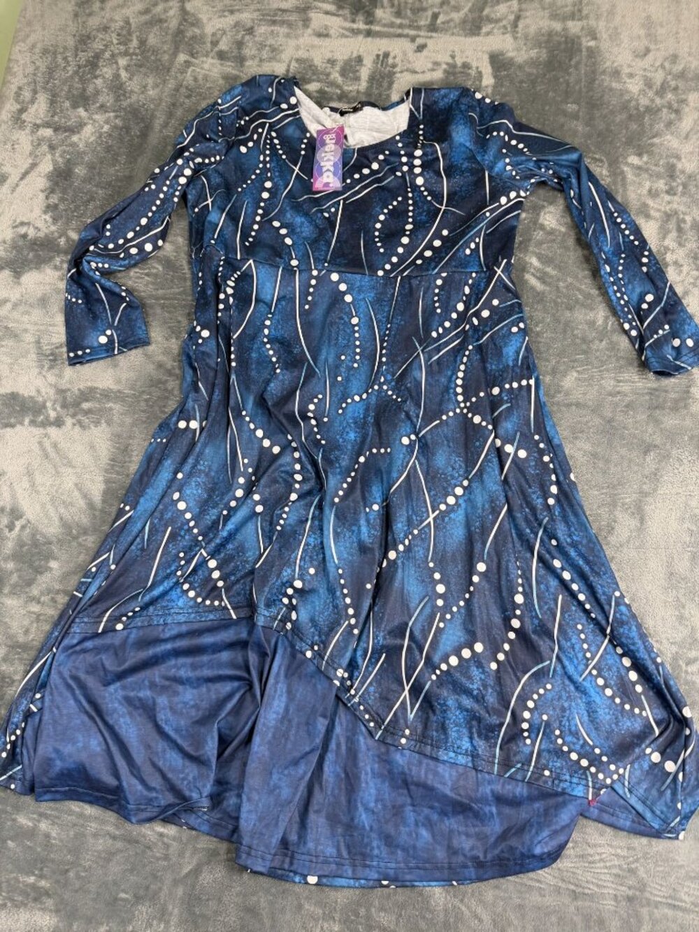 Hekka Womens Blue Abstract Print Long Sleeve Asymmetrical Hem Dress XXL NWT